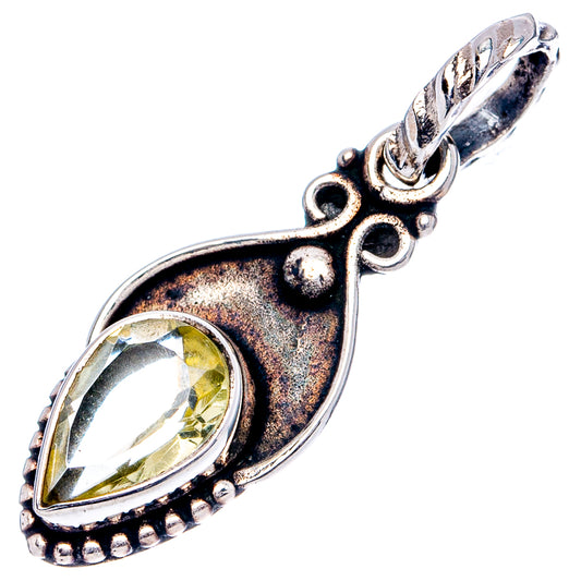 Sterling silver lemon-yellow quartz teardrop pendant with openwork bail, angled view