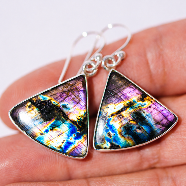 Premium Spectrolite Earrings 1 1/2" (.925 Sterling Silver)