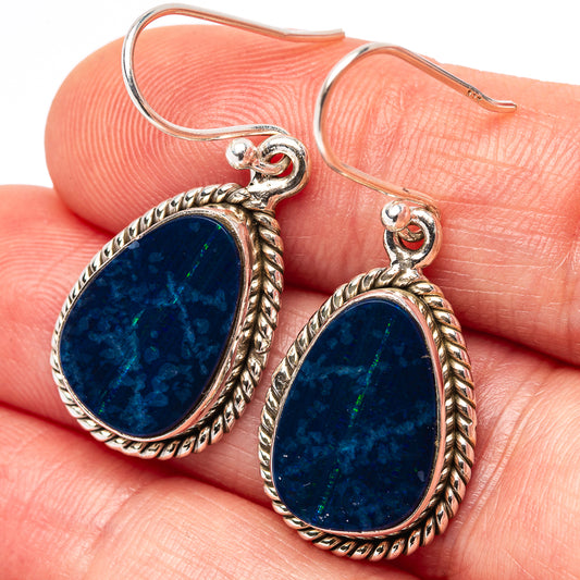 Sterling silver teardrop opal earrings, dark blue doublet, rope bezel, fishhook backs