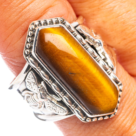 Sterling silver tiger's eye ring with rectangular amber-gold gemstone, ornate band