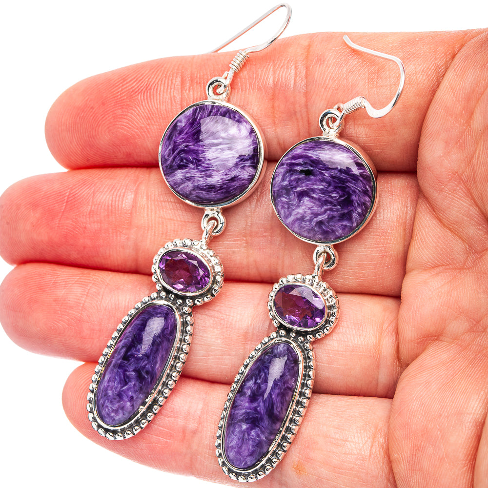 Signature Charoite, Amethyst Earrings 2 3/4" (.925 Sterling Silver)