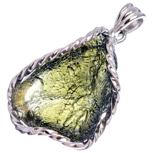 Sterling silver moldavite pendant with vivid green stone and openwork side frame