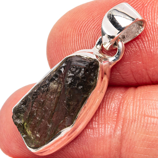 Rare moldavite pendant, .925 sterling silver bezel with dark green rough stone