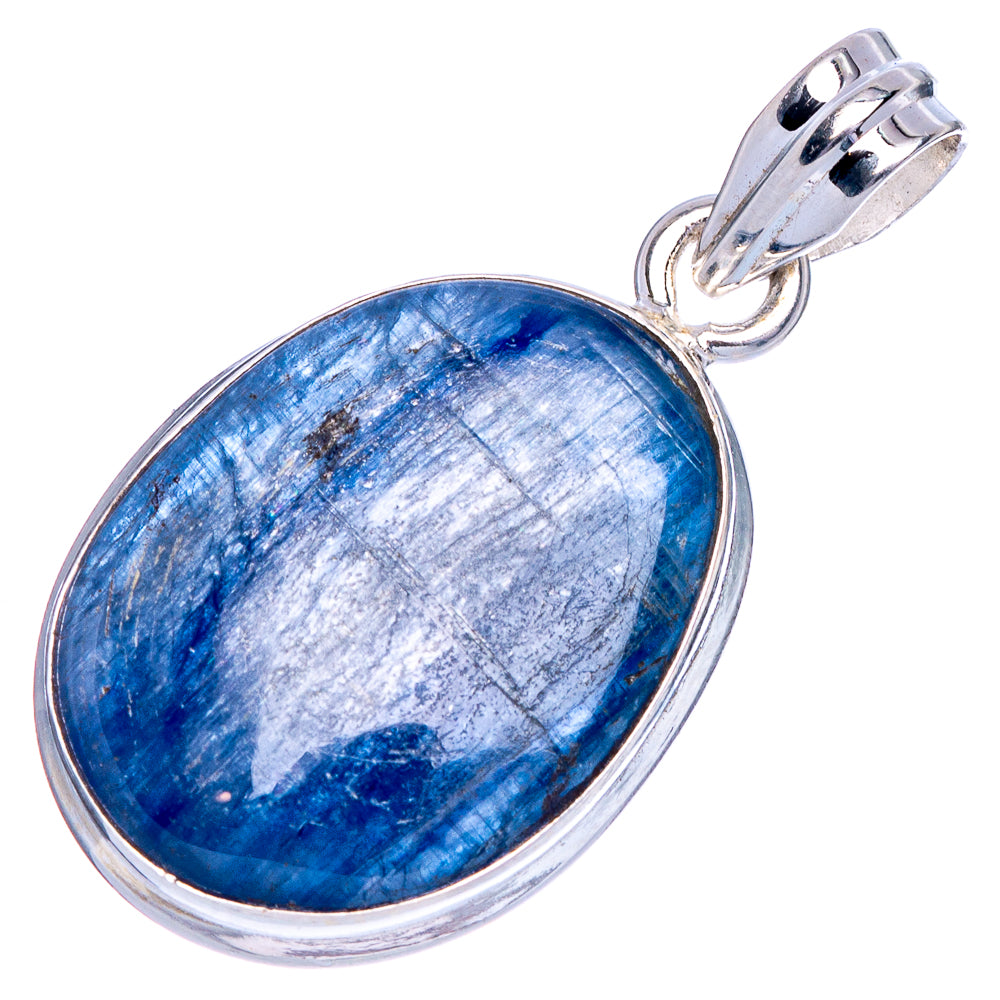 Oval blue kyanite cabochon pendant in sterling silver bezel, top bail visible
