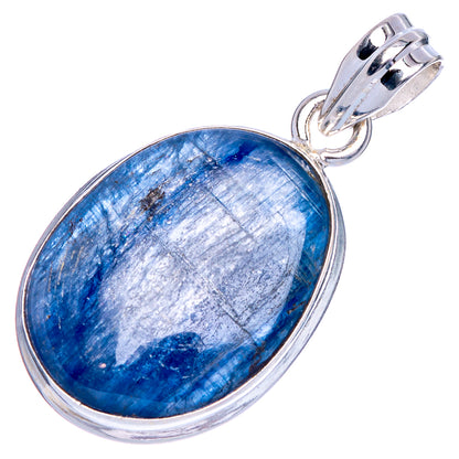 Oval blue kyanite cabochon pendant in sterling silver bezel, top bail visible