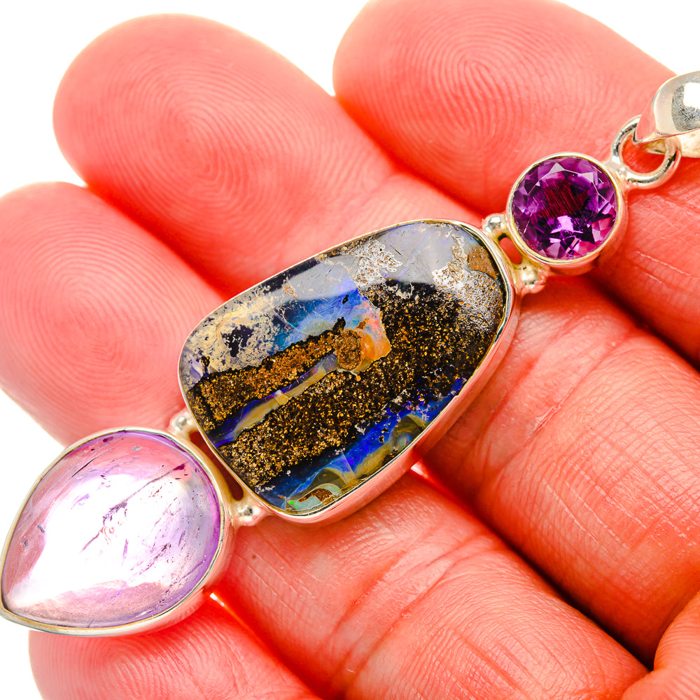 Sterling silver opal pendant with boulder opal stone and purple amethyst accents