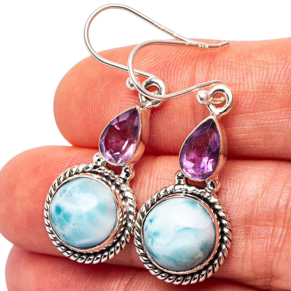 Amethyst and larimar drop earrings with ornate .925 sterling silver settings