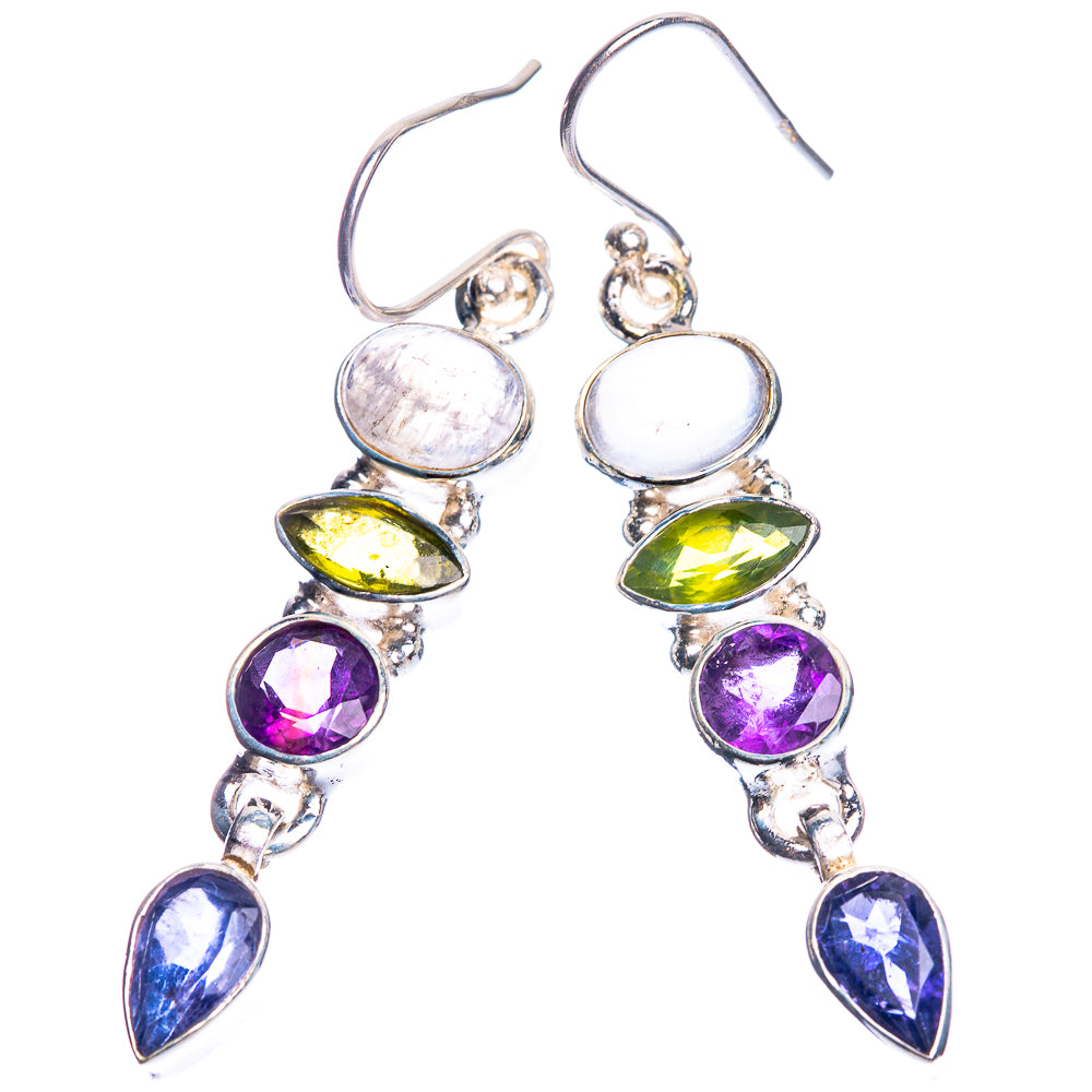 Rainbow Moonstone, Peridot, Amethyst, Tanzanite 925 Sterling Silver Earrings 2"
