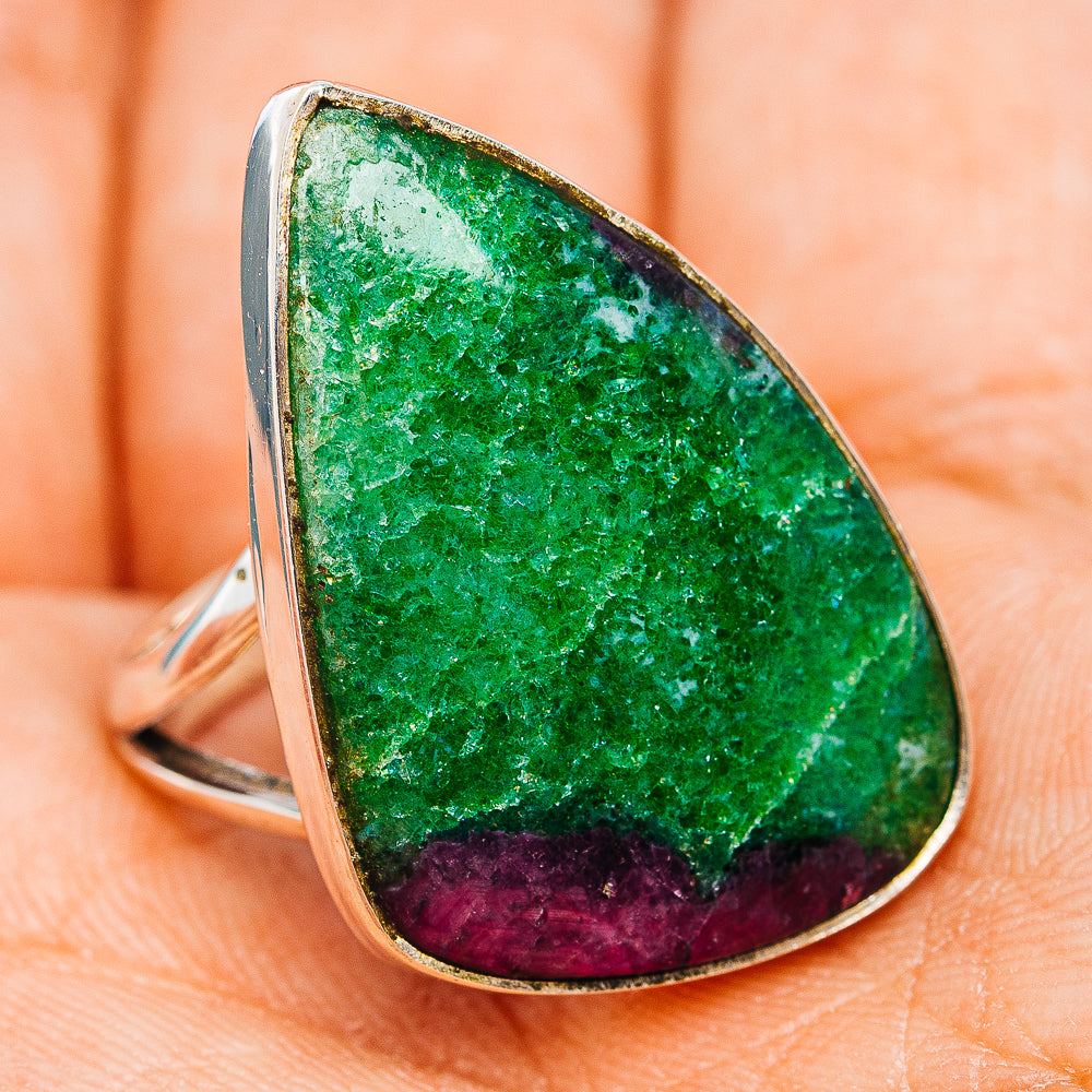 Teardrop sterling silver gemstone ring with green zoisite center and purple ruby band