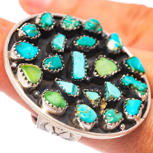 Adjustable sterling silver ring with turquoise cabochon stones, oval and round settings