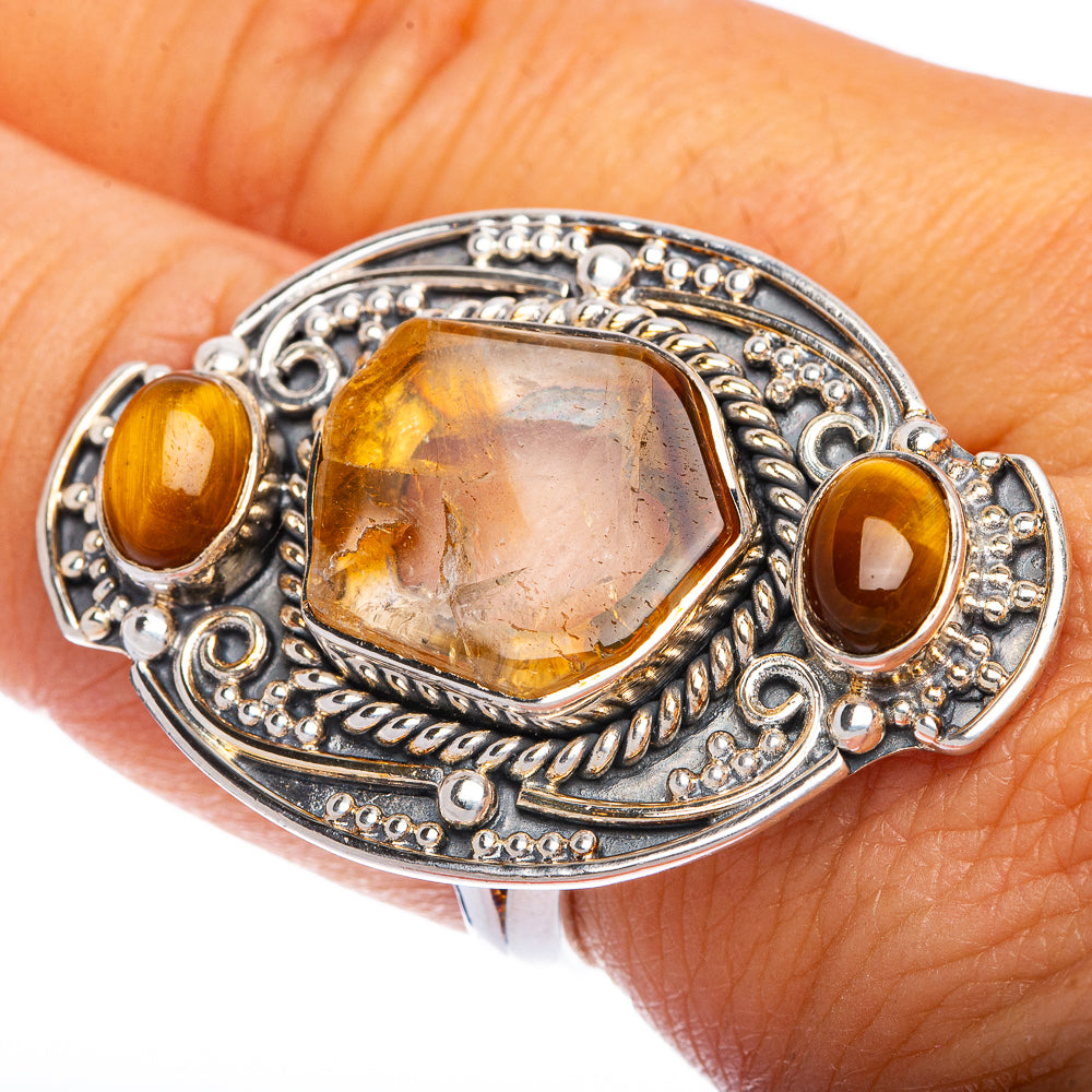 Large Rough Citrine, Tiger Eye Ring Size 9 (925 Sterling Silver) R145295