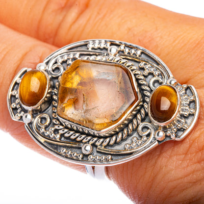 Large Rough Citrine, Tiger Eye Ring Size 9 (925 Sterling Silver) R145295