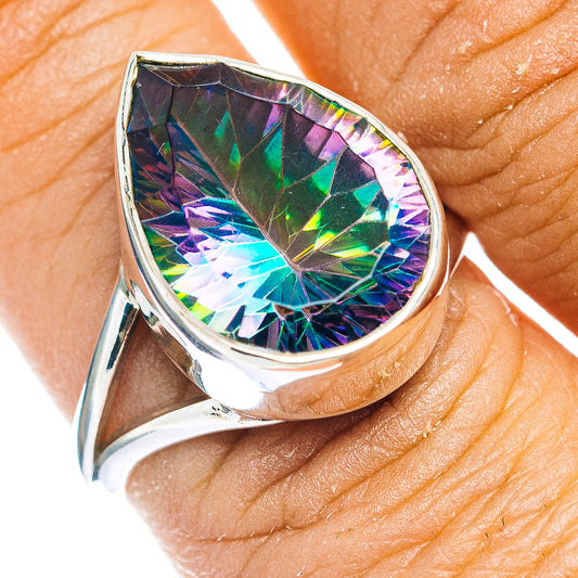 Sterling silver teardrop ring with faceted rainbow Mystic Topaz gemstone