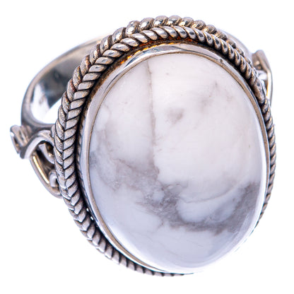 Sterling silver howlite oval ring with rope-trim bezel and white marbled cabochon