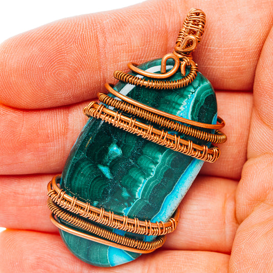 Malachite In Chrysocolla Wire Wrap Pendant 2 1/8" (Copper)