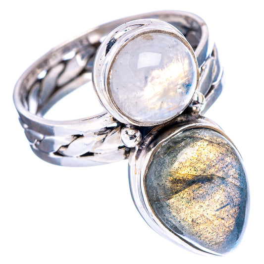 Sterling silver double-stone ring, oval moonstone with iridescent labradorite teardrop, size 9.5