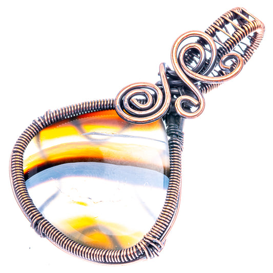 Oxidized copper wire-wrapped teardrop agate pendant with banded rainbow stripes
