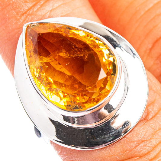 Sterling silver ring with teardrop faceted citrine gemstone, polished band