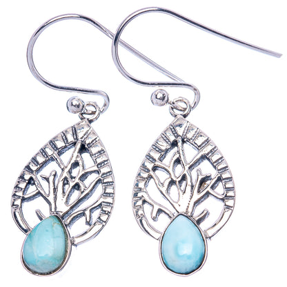 Sterling silver tree earrings with larimar teardrop stones, dangle pair.