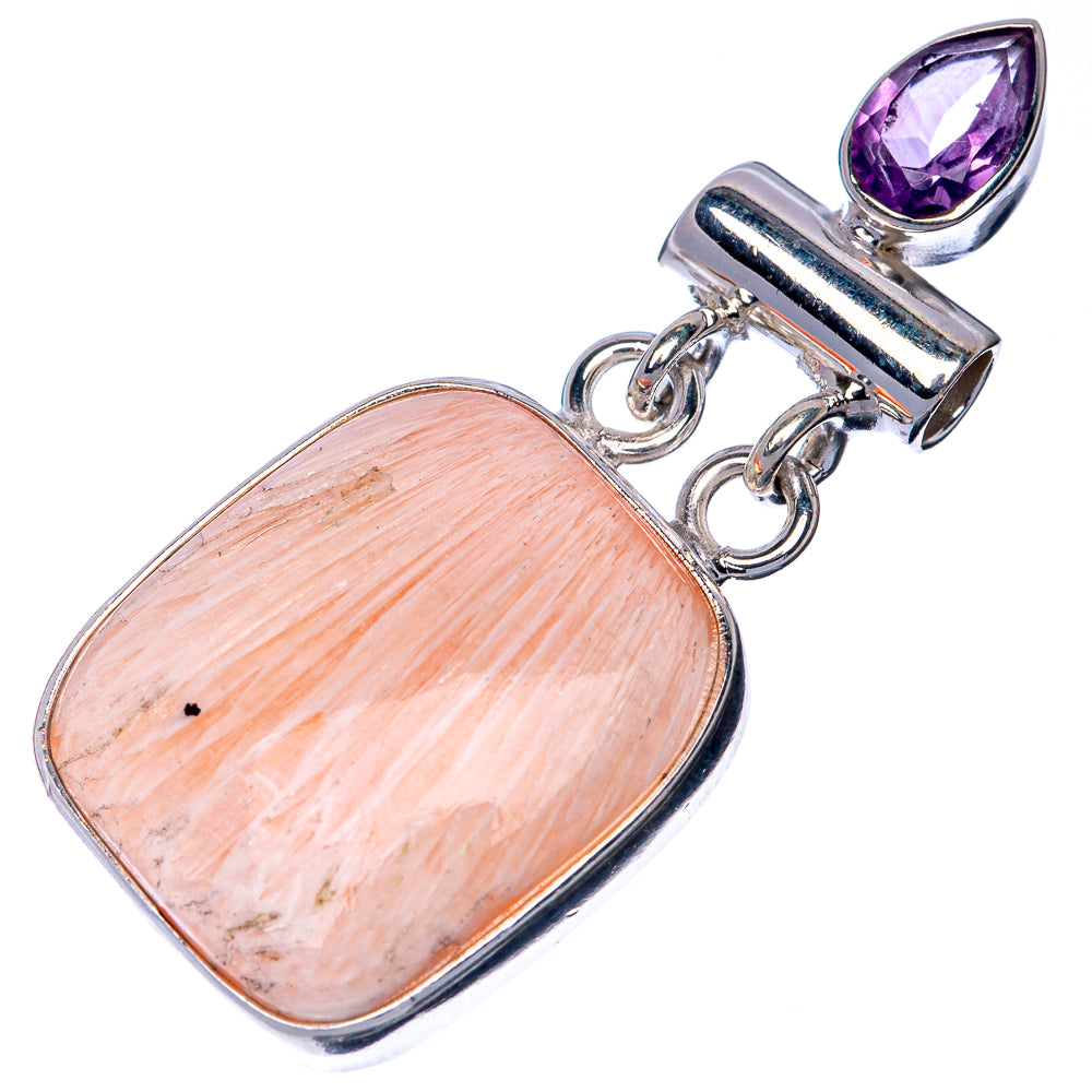 Sterling silver pendant with teardrop amethyst stone and pale scolecite rectangle cabochon