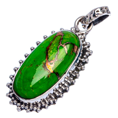 Oval green stone pendant with ornate silver-tone bail and surrounding beadwork frame