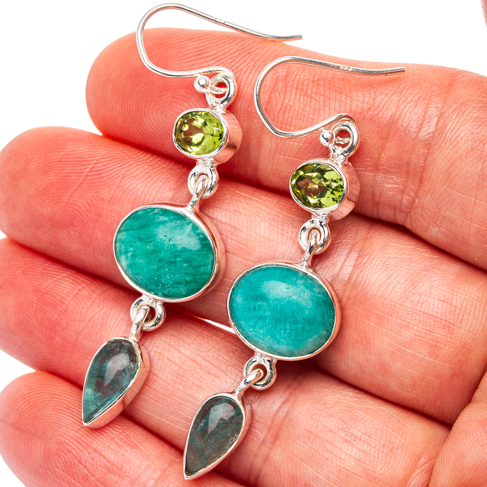 Sterling silver drop earrings with yellow-green and aqua round stones plus teardrop charms