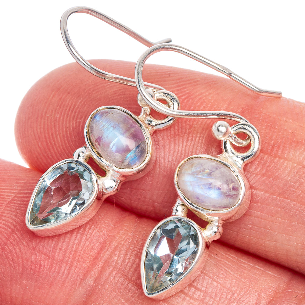 Rainbow Moonstone, Blue Topaz Earrings 1 1/4" (925 Sterling Silver) E433540
