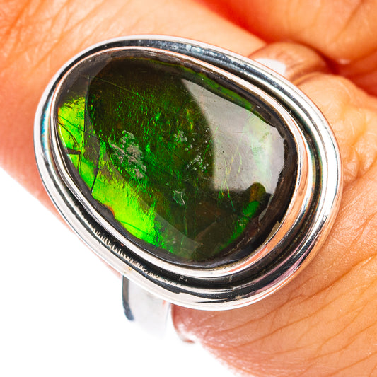 Oval ammolite gemstone ring in polished sterling silver with double bezel