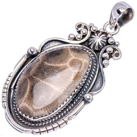 Fossil coral oval .925 sterling silver pendant with decorative bail and border