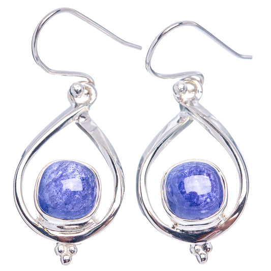 Sterling silver teardrop earrings with bezel-set blue tanzanite rounds and dangling balls
