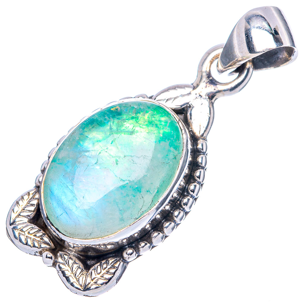 925 sterling silver oval green moonstone pendant with leaf accents and bead border