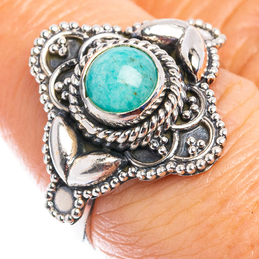 Turquoise gemstone sterling silver ring with ornate oval setting, size 7.25