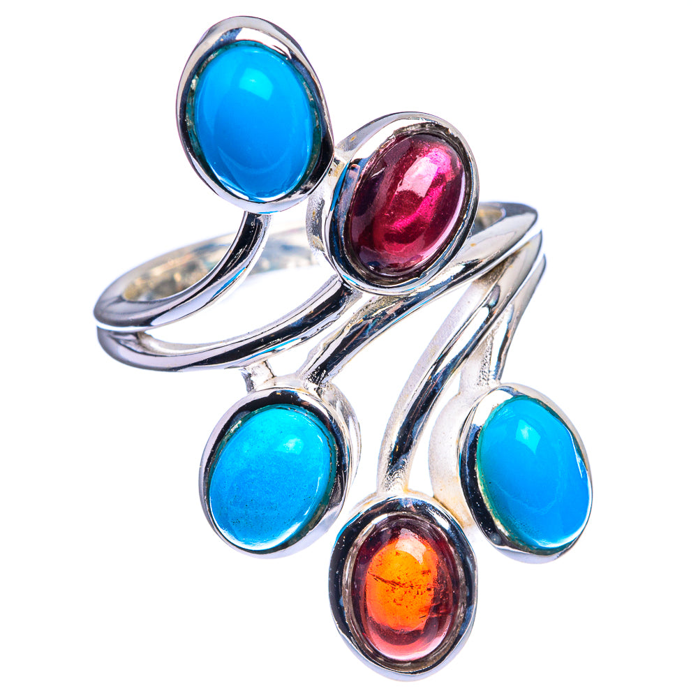 Sterling silver oval cabochon ring with three turquoise-blue and two red stones