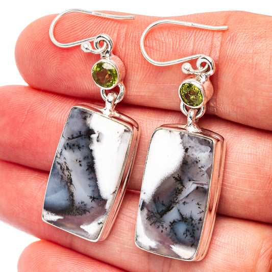 Sterling silver earrings with green peridot stones and rectangular dendritic opal dangles