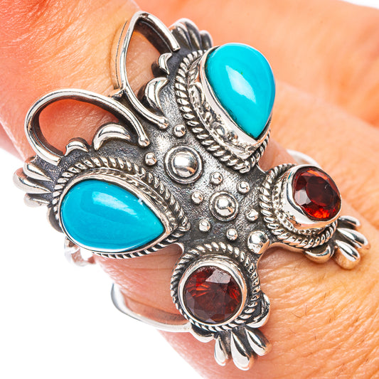 Sleeping Beauty Turquoise, Garnet Butterfly Ring Size 7.25 (925 Sterling Silver) R7475