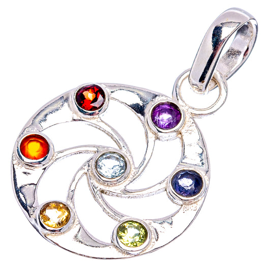 Sterling silver circular chakra pendant with multicolor gemstones and top bail loop.