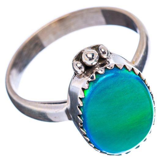 Sterling silver opal ring, size 7.25, side view with oval green-blue cabochon setting