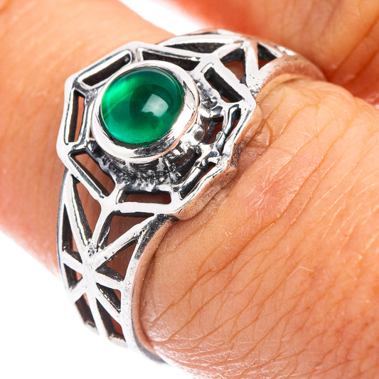 Green onyx gemstone dainty ring in .925 sterling silver, round stone in lattice setting
