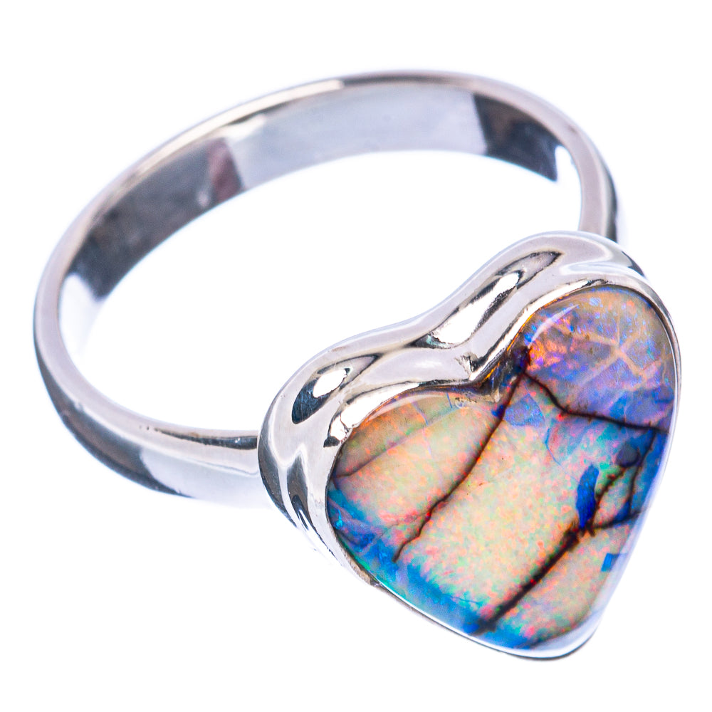 Heart opal ring with multicolor stone set in polished sterling silver band