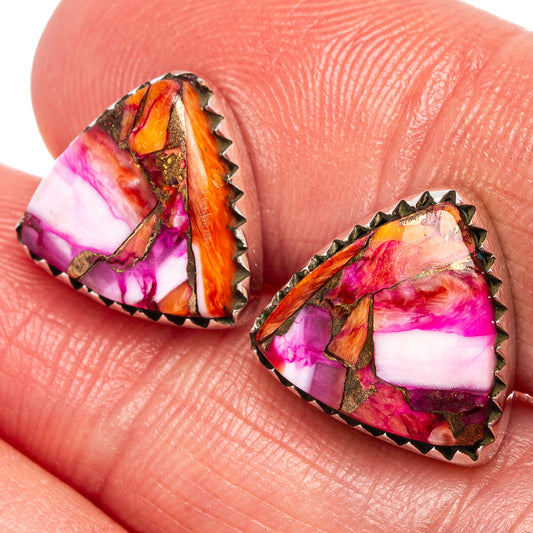 Dahlia Mohave turquoise teardrop earrings with pink and orange mosaic in silver settings