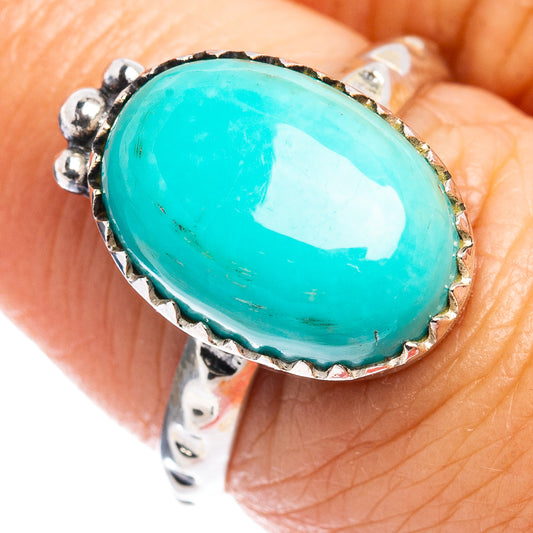 Turquoise oval cabochon sterling silver ring with beaded bezel, size 7