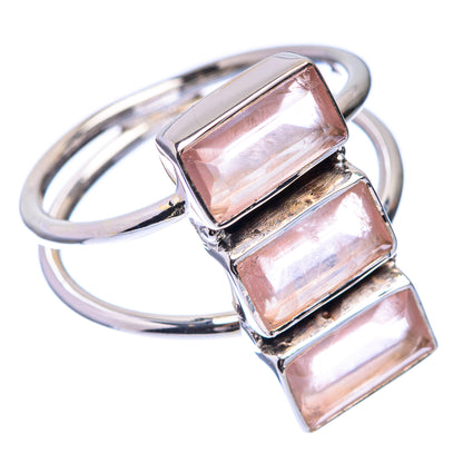 Sterling silver ring featuring stacked baguette-cut rose quartz stones