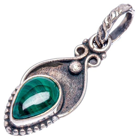Sterling silver malachite pendant, oval green stone in dark textured setting with bail