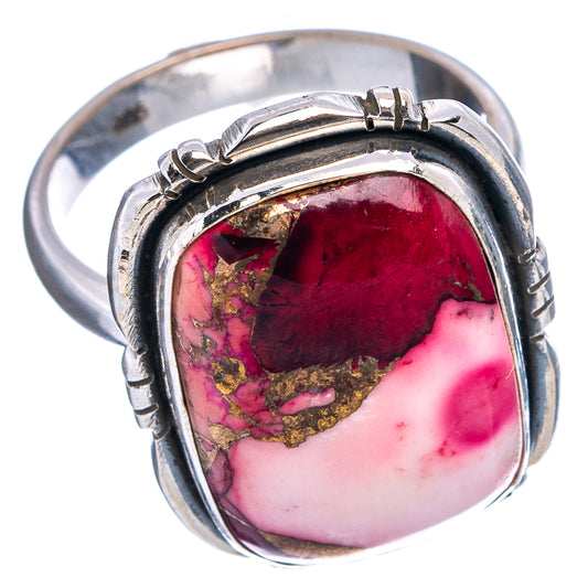 Sterling silver oval cabochon ring, red-pink stone with gold matrix and raised bezel