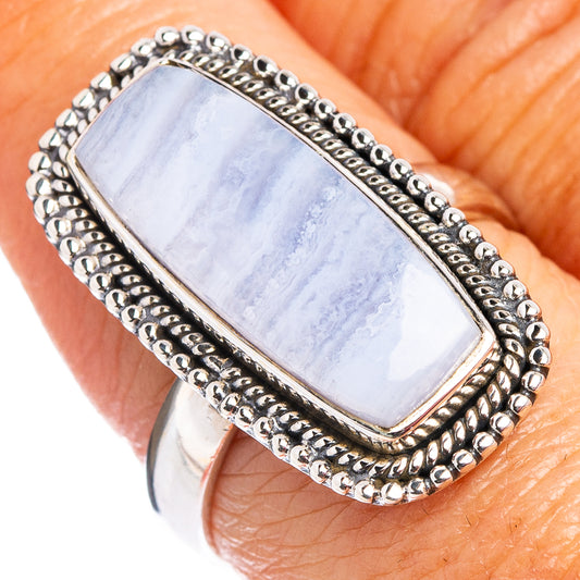 Sterling silver ring with rectangular blue lace agate centerpiece and beaded border