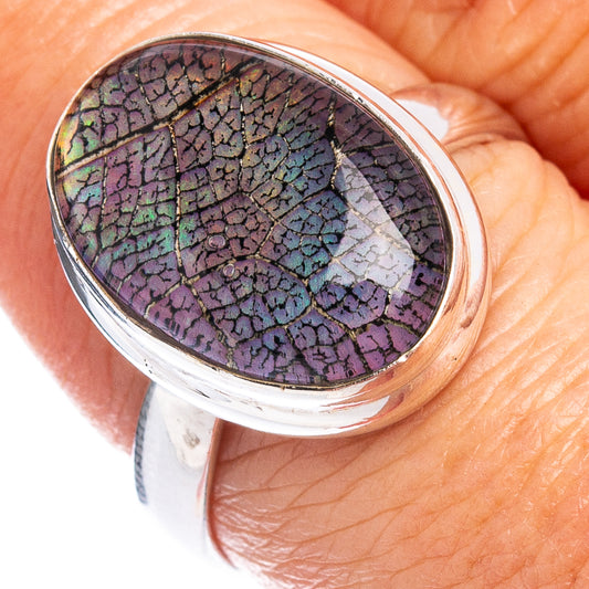 Sterling silver opal ring with oval multicolor crackle gemstone top, size 8