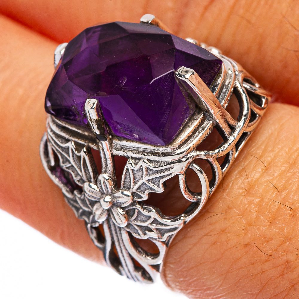 Size 7 amethyst ring with large faceted purple stone and ornate 925 sterling silver band