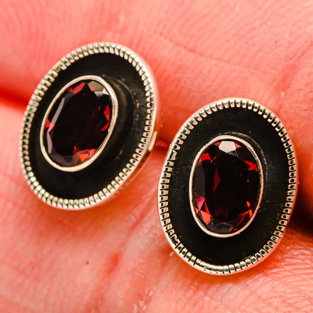 Dainty garnet earrings, 925 sterling silver, oval red stone in bezel setting
