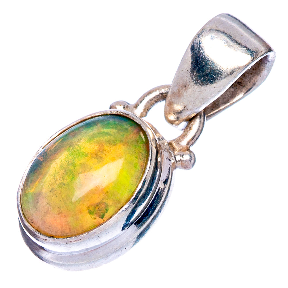 Sterling silver opal pendant with oval bezel and rainbow green-yellow glow bail