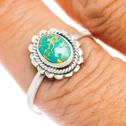 Turquoise oval cabochon sterling silver ring with rope border, size 9
